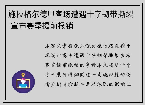 施拉格尔德甲客场遭遇十字韧带撕裂 宣布赛季提前报销 施拉格尔德甲客场遭遇十字韧带撕裂 宣布赛季提前报销